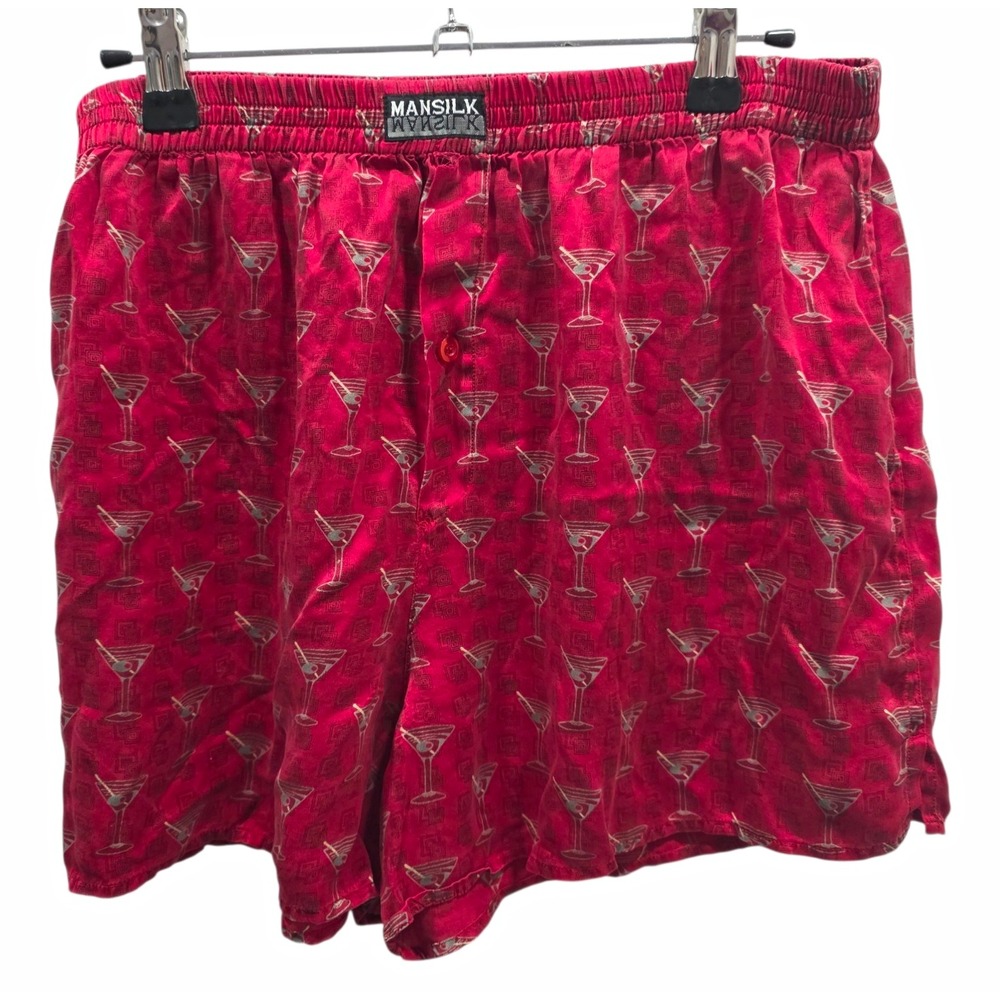 Vintage Mansilk 100% Silk Boxer Shorts Red Martini Cocktail Print Mens XL 1990s